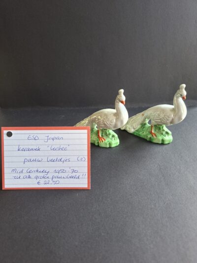 Vintage ESD Japan keramieken pauwenbeeldjes “Lustreware” (ca. 1950–70), art. nr 40887